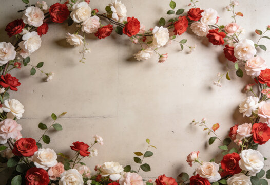 Flower wreath, romantic garden border, wedding invitation floral arch, anniversary floral arrangement, romantic rose frame, spring blossom wall, floral copy space, roses.