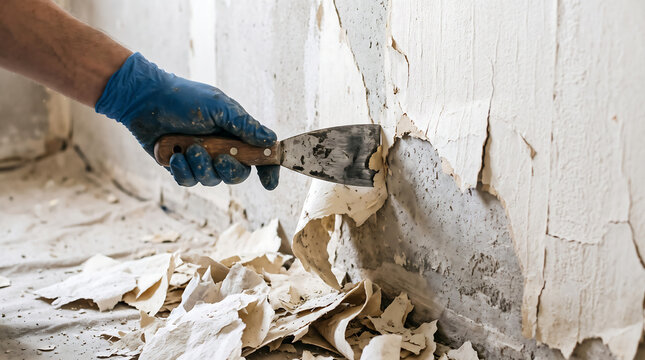 Manual removal of old wallpaper using metal scraper tool with wallpaper renovation remodeling construction improvement interior maintenance scraping stripping