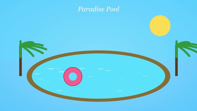 Paradise pool animation with floating pink swim ring and tropical palm trees 4k