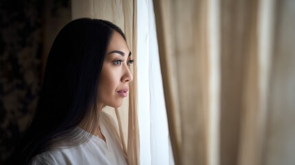 Fototapeta premium Woman looking out of a window during the day in a room with light curtains