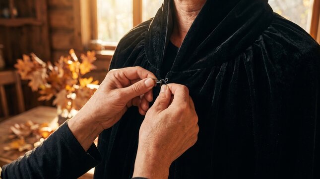 A person fastening a black velvet cloak with autumn leaves in the background