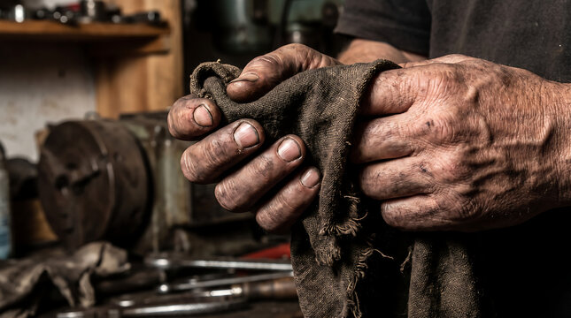 Close up of mechanic hands covered in grease and oil holding a dirty workshop rag with mechanic workshop industrial maintenance technical engineer craftsman
