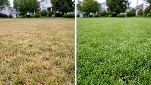 Before and after showing a suburban lawn struggling with drought and heat stress on the left. Transforming into vibrant. Healthy. Irrigated green grass on the right