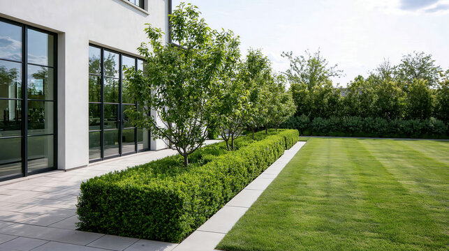 Modern luxury home exterior featuring elegant black framed windows and doors. A precisely manicured garden with a long hedge. Evenly spaced green trees. And a neatly striped. Expansive lawn