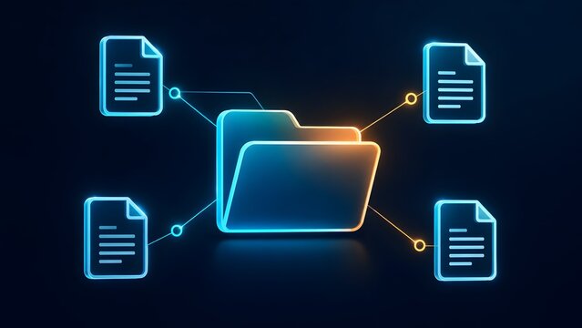 Minimalist neon blue and orange digital folder connecting to four document files representing simple network data sharing