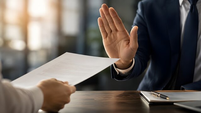 Businessman Making Stop Hand Gesture Rejecting Paper Contract and Refusing Deal During Office Meeting