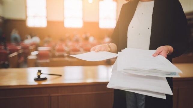 Lawyer holding papers in a courtroom during a legal proceeding in the afternoon