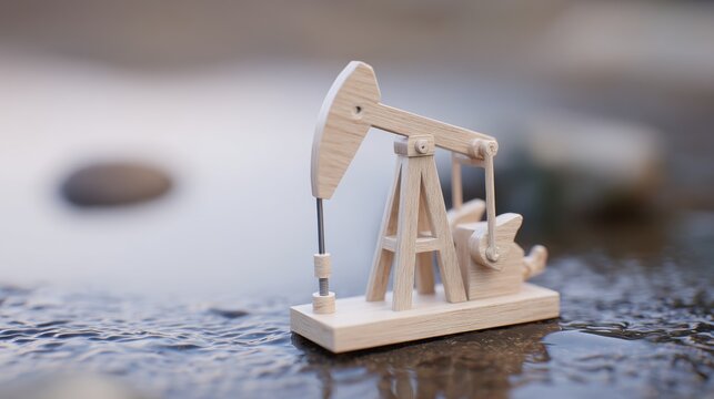 Small wooden oil rig model on wet surface reflecting light during daytime