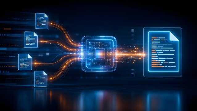 Central CPU processor extracting data from digital documents in a glowing electronic network representing artificial intelligence and automated file analysis