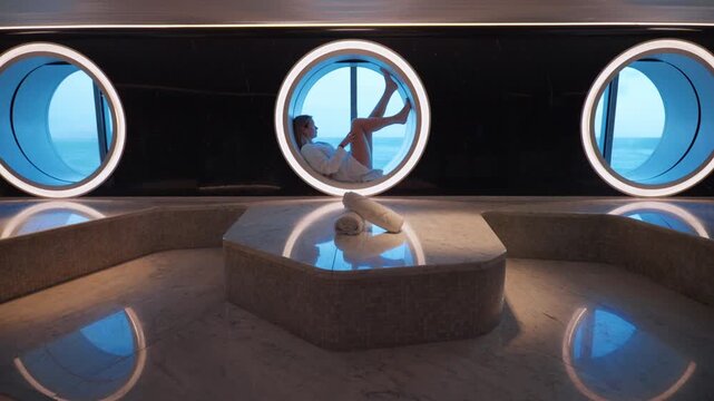 Spa on cruise liner features woman lounging in circular porthole window with ocean views. Luxury wellness area with marble pools and LED-lit round windows creates serene atmosphere aboard ship.