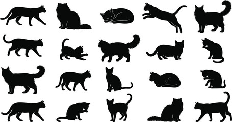 Comprehensive collection of black cat silhouette icons in various natural poses for pet branding and feline designs © MstShapla