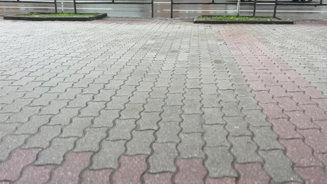 Empty paved walkway with interlocking stone tiles and planters in an urban outdoor setting