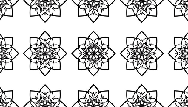 Symmetrical black and white floral pattern, intricate mandala motifs repeating across a clean background, decorative ornament
