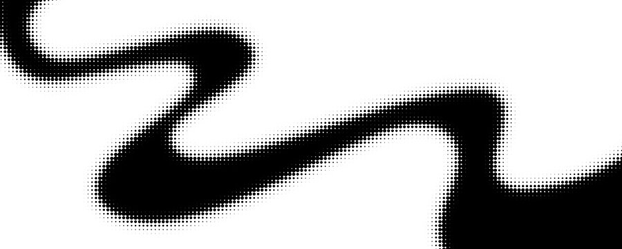 Abstract black and white halftone wave background. Monochromatic dot gradient pattern, dotted curved horizontal smooth shapes. Halftone wavy pattern. Vector abstract background in dotted style.