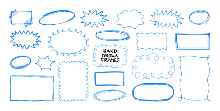 Hand drawn doodle frames, speech bubbles and borders for text. Doodle rectangular, round, star burst, scalloped, looped, wavy speech bubbles. Empty frames, callouts for text. Vector borders set