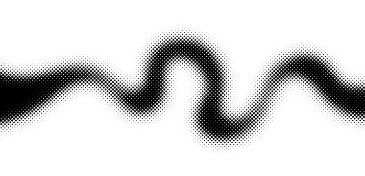 Dynamic halftone curved line. Abstract dotted pattern, flud design for background. Ribbon pattern in halftone style, consisting of many dots of different sizes. Wavy movement in dotted style. Vector 