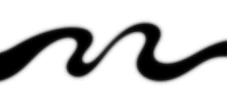 Elegant halftone wave ribbon on white background. Bold black dotted ribbon forms a smooth flowing wave across a white background. Monochrome halftone wave. Abstract smooth dot gradient pattern. Vector