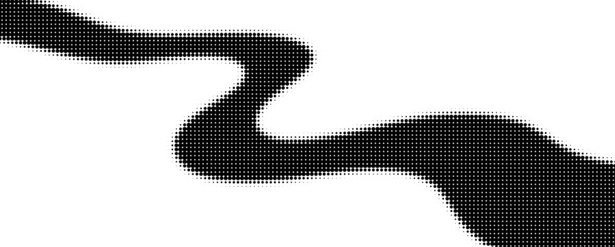 Halftone smooth wave for background. Monochrome gradient dotted pattern. Abstract dynamic wave, ribbon pattern on white background. Halftone vector line for overlay, backdrop. Vector graphic