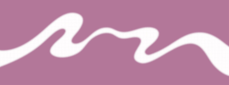 White Pixelated Halftone Wave Ribbon on Mauve Background. Curved wave consisting of squares for backdrop. Wave featuring pixelated halftone edges for background. Vector abstract graphic pattern
