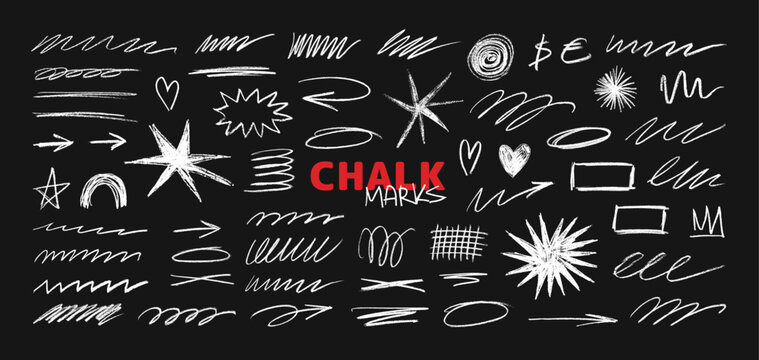 Playful chalk marks and doodles. Chalk scribbles, arrows, stars, hearts, frames, symbols and textured marks. Hand drawn crayon scribbles - curve, notes, sign, curled, wavy and others lines. Vector set
