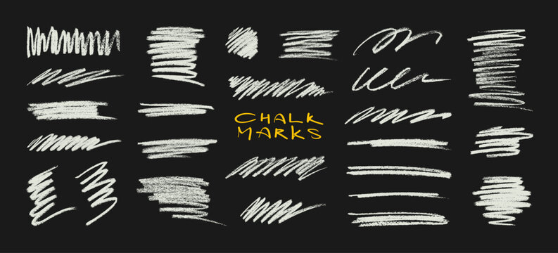 Large collection chalk marks and Scribbles. Chalk strokes, scribbles, swatches, underlines, and textured marks on a black background. Handwritten hatching, lines and squiggles. Vector graphic set