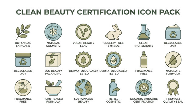 Clean beauty and organic skincare certification icons.