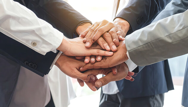 Teamwork and unity shown by diverse hands stacked together, symbolizing partnership, cooperation, and shared goals in business or group efforts
