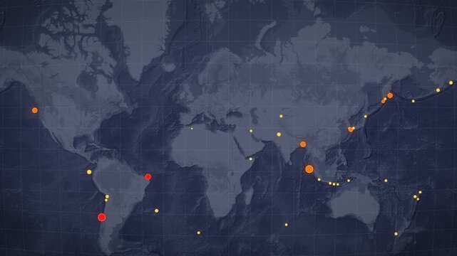 Dark animated global seismic activity visualization showing earthquake markers appearing across continents and oceans. Useful for geology, disaster monitoring, earthquake risk, emergency news, science