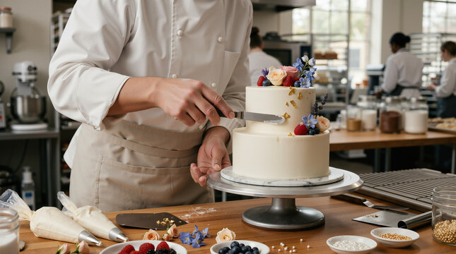 Pastry chef decorating a two-tier wedding cake in a professional kitchen. Artisan baker smoothing frosting on a cake with fresh flowers and berries