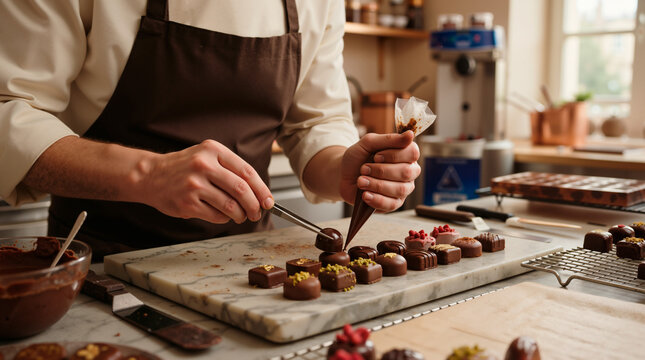 Chocolatier decorating handmade chocolate pralines in a professional kitchen. Artisan confectioner using piping bag and tweezers for gourmet sweets