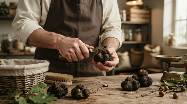 Chef cleaning fresh black truffles on a rustic wooden table. Professional culinary preparation of gourmet fungi in a kitchen
