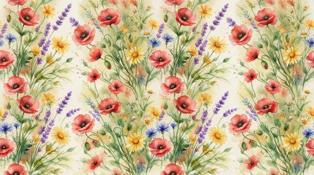 Greece pattern watercolor wildflower meadow floral texture with hellenic anthemion acanthus watercolor wildflower