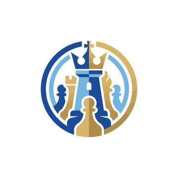 A creative logo design featuring chess pieces, including a castle and king, symbolizing strategy and competition, perfect for a chess-related brand or event.