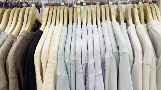 Women's knitwear garments are neatly arranged on wooden hangers inside a department store, suitable for fashion and retail concepts.