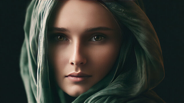 Woman in green headscarf with intense gaze