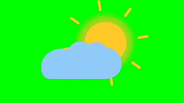Bright sun peeking behind a fluffy blue cloud isolated on vibrant green background