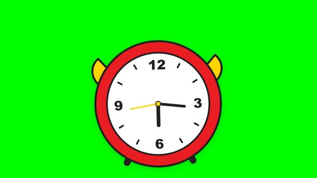 Red cartoon alarm clock with yellow bells isolated on a bright green background