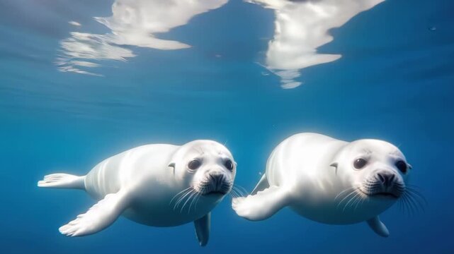 Two harp seals swimming underwater