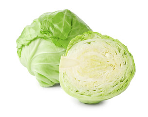 Fototapeta premium Young cabbage isolated on white. Whole and sliced
