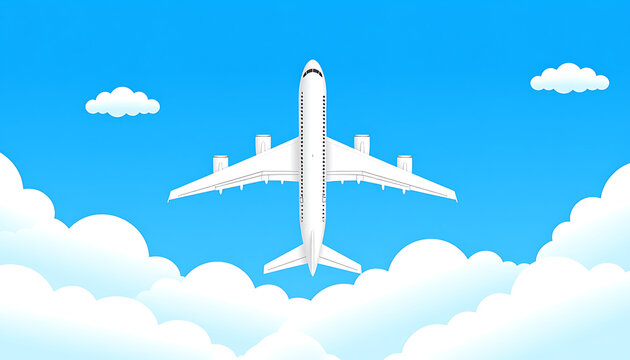 Top view of a commercial airplane flying through fluffy white clouds against a vibrant blue sky, travel and transport concept