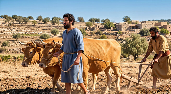 Ancient Galilean farmers plowing dry soil with a wooden ard plow pulled by a pair of tawny oxen. Biblical agriculture scene with a traditional stone village on a terraced hillside background