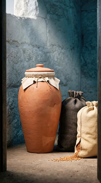 Terracotta grain jar with cloth lid next to woven wool sacks and spilled wheat kernels on a stone floor. Ancient storeroom interior, depicting traditional biblical farming and food storage