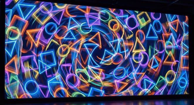 Vibrant neon geometric shapes glowing on dark background. Abstract light painting pattern with circle, square and triangle. Modern digital art for futuristic technology or party design.