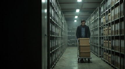 Naklejka premium Office worker enters a corporate records archive aisle with boxes