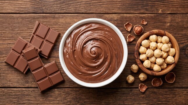Smooth, luscious chocolate hazelnut cream in a white bowl, complemented by milk chocolate bars and a wooden bowl of shelled European hazelnuts 