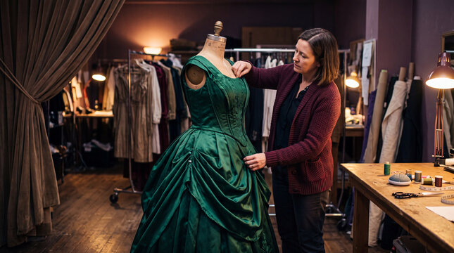 Costume artisan prepares a stage gown before the performance