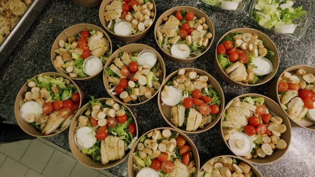 Multiple bowls of fresh salad with chicken, cherry tomatoes, croutons, and dressing arranged on a granite countertop in a well-lit kitchen setting