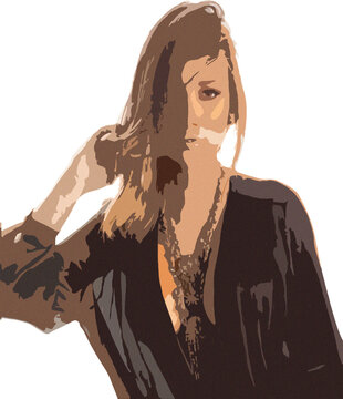 Stylized fashion portrait of a young woman, artistic posterized female model, modern digital art aesthetic on a white background