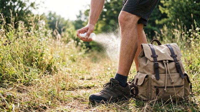 A person in hiking gear sprays insect repellent on their leg while outdoors on a trail, with a backpack nearby, emphasizing health and safety during summer adventures and travel in nature.