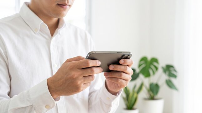 A focused Asian man holds a dark smartphone horizontally with both hands, engaging with digital content or mobile gaming. 